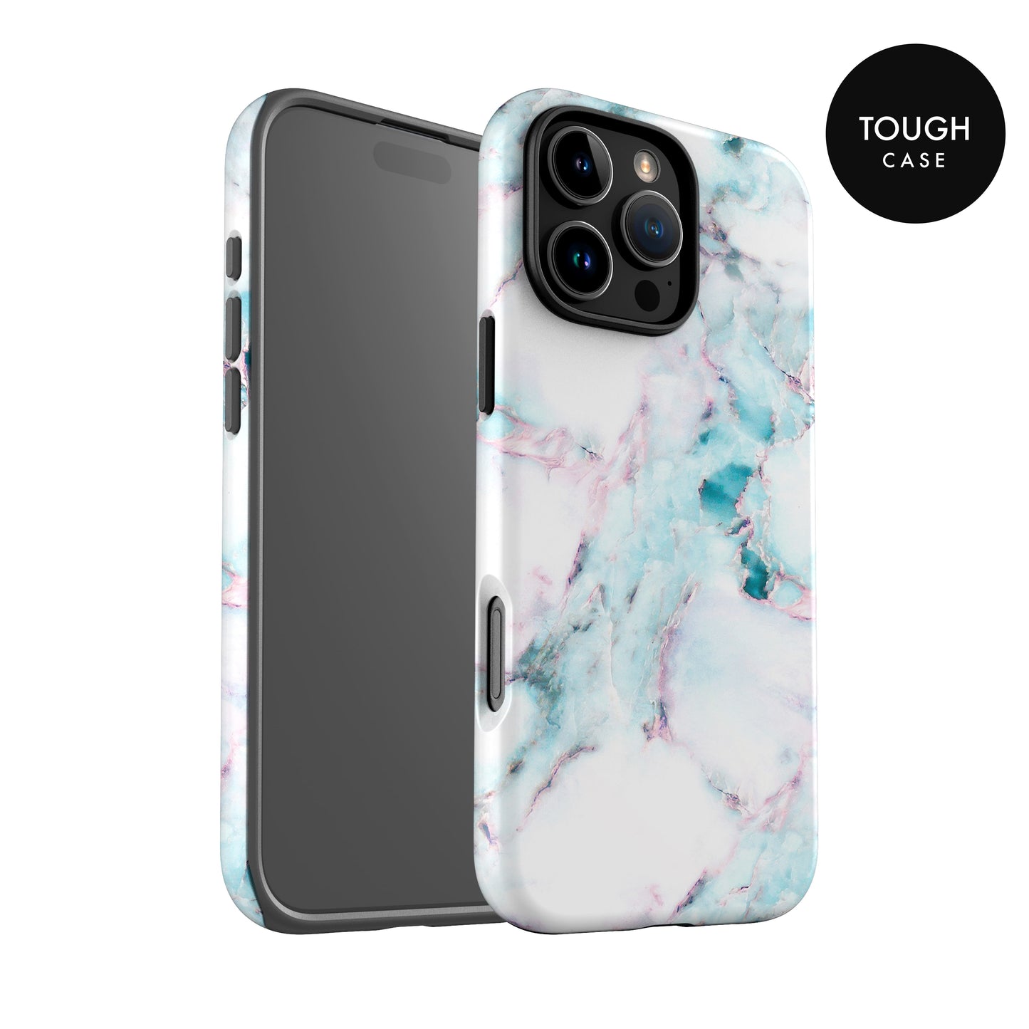 a white and blue marble-patterned phone case with a black camera lens.