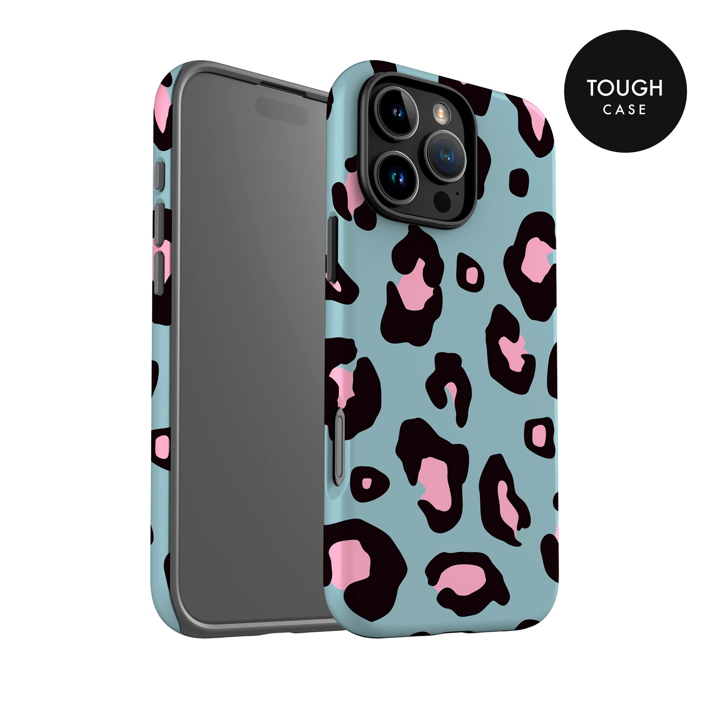 a phone case with a leopard print pattern in shades of blue and pink.