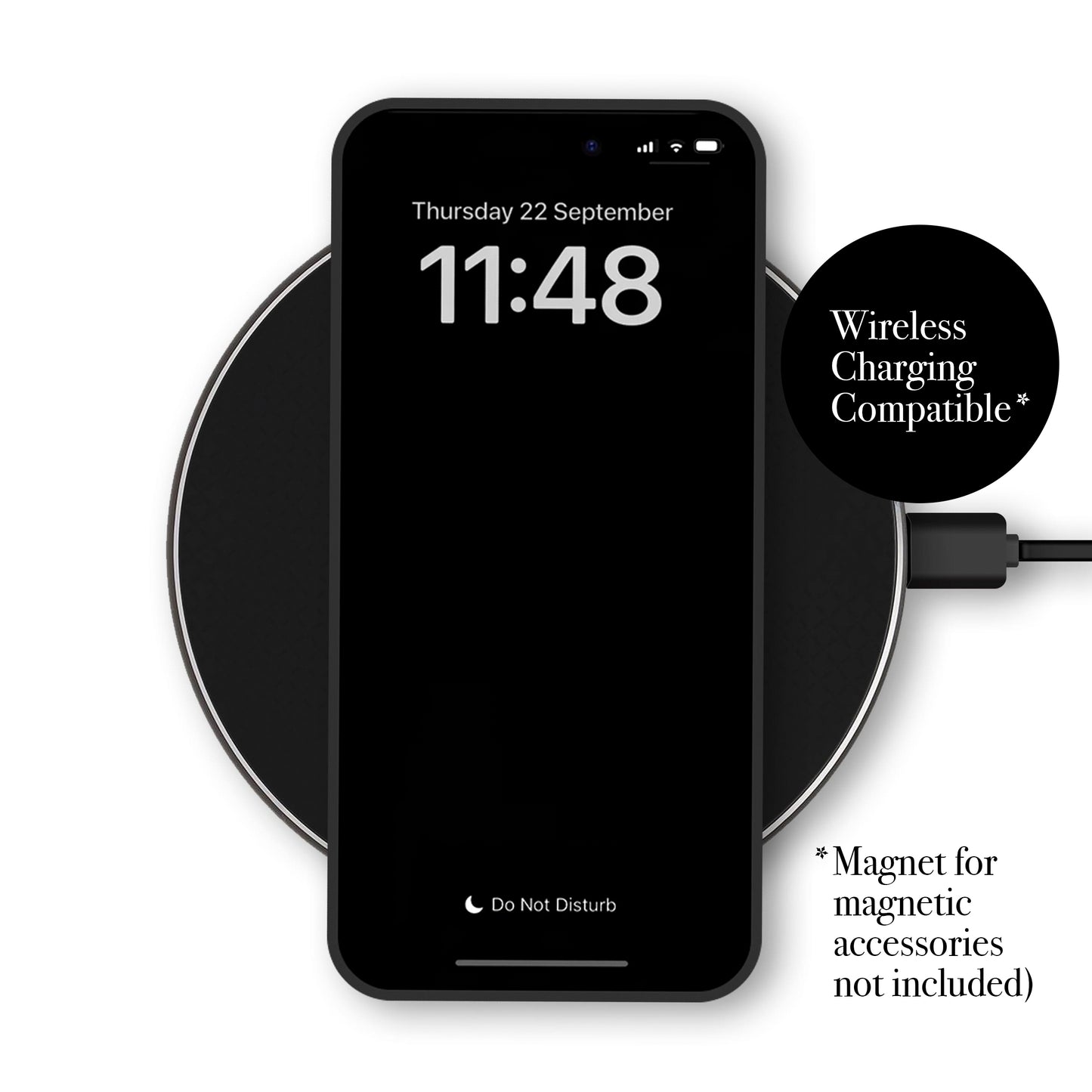 a smartphone on a wireless charging pad, with the time displayed as 11:48.
