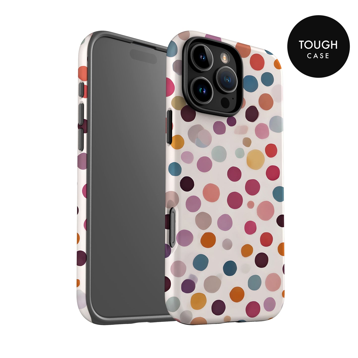 a colorful polka dot pattern on a phone case, with the case positioned facing the camera.