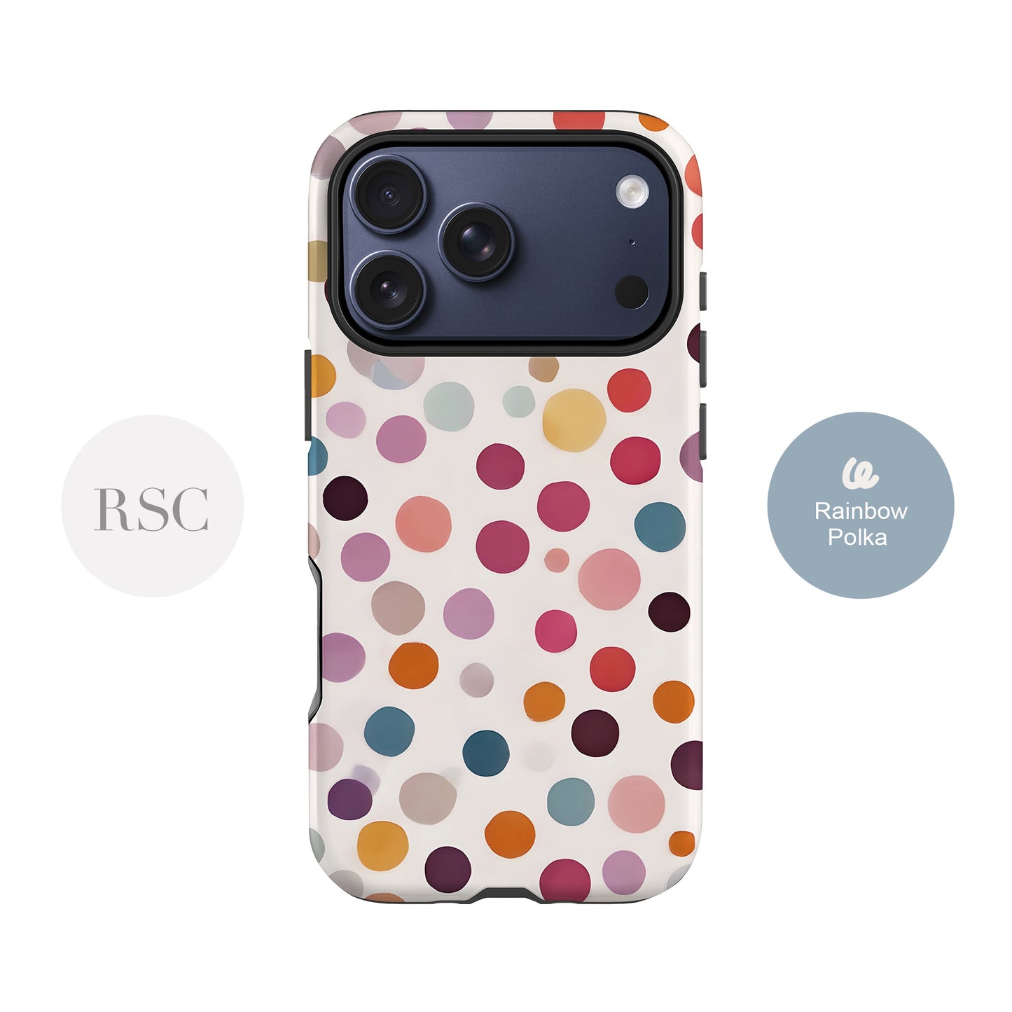 a colorful phone case with a polka dot pattern.