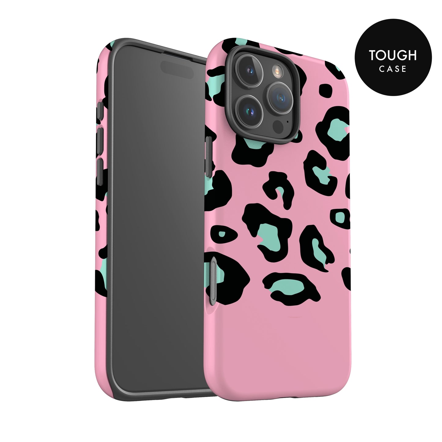 a pink and black leopard print case for an iPhone, with the case design being described as "tough" and "case".