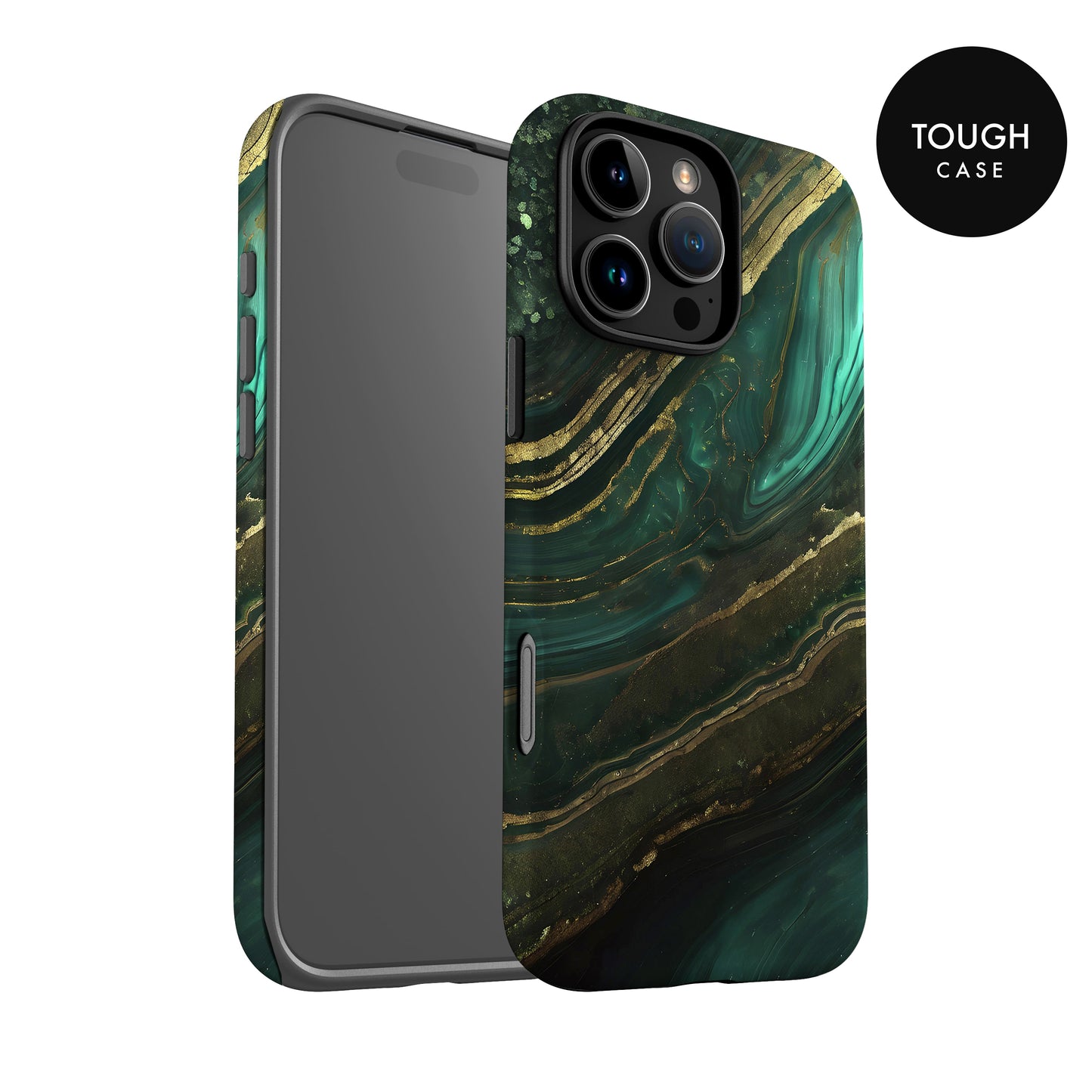 a phone case with a marble-like design in shades of green and gold.