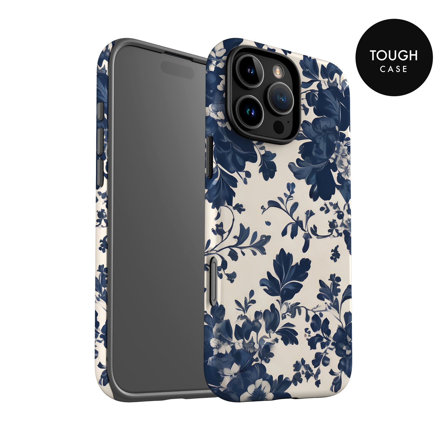 a phone case with a floral pattern in shades of blue and white.