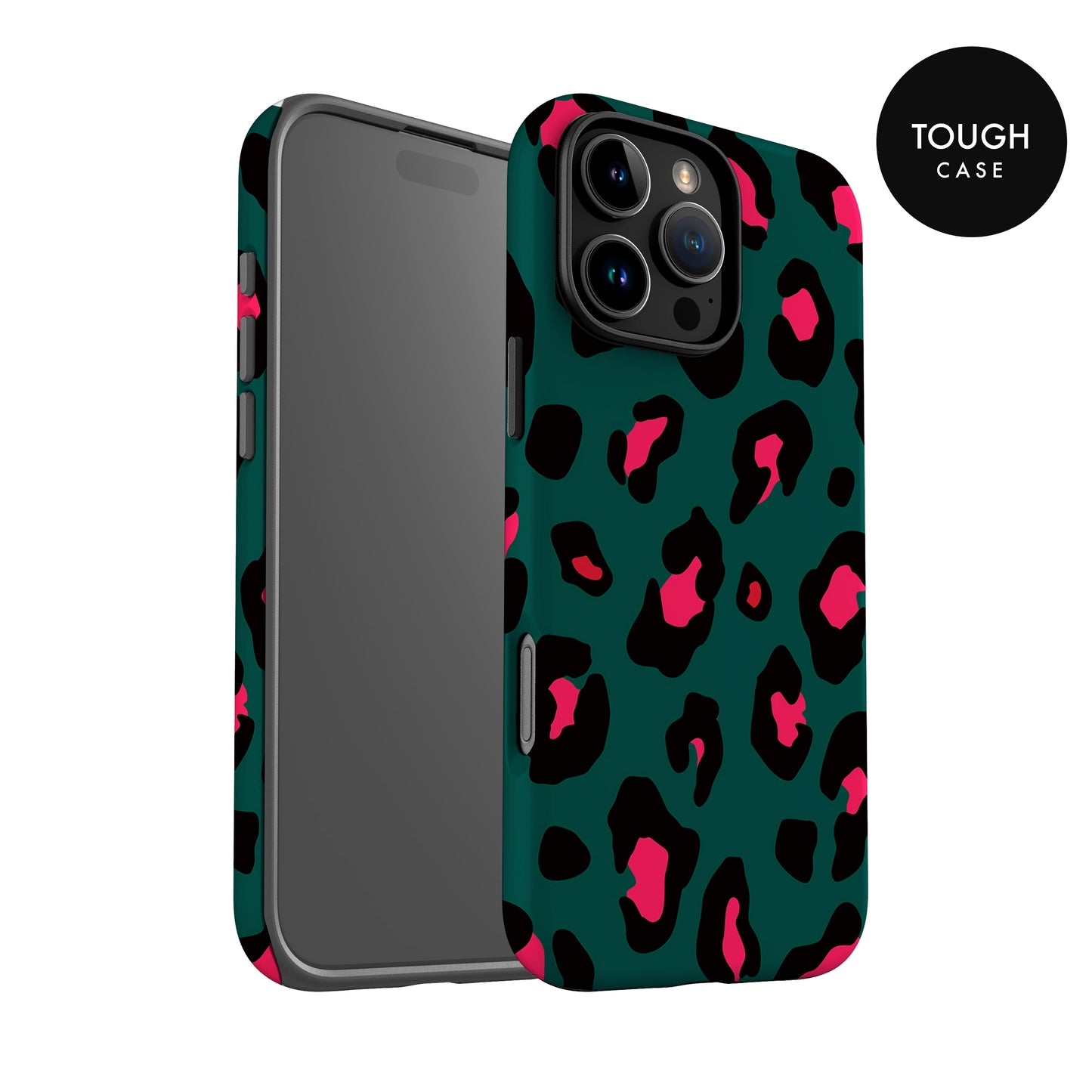 a phone case with a leopard print design in shades of green and pink.