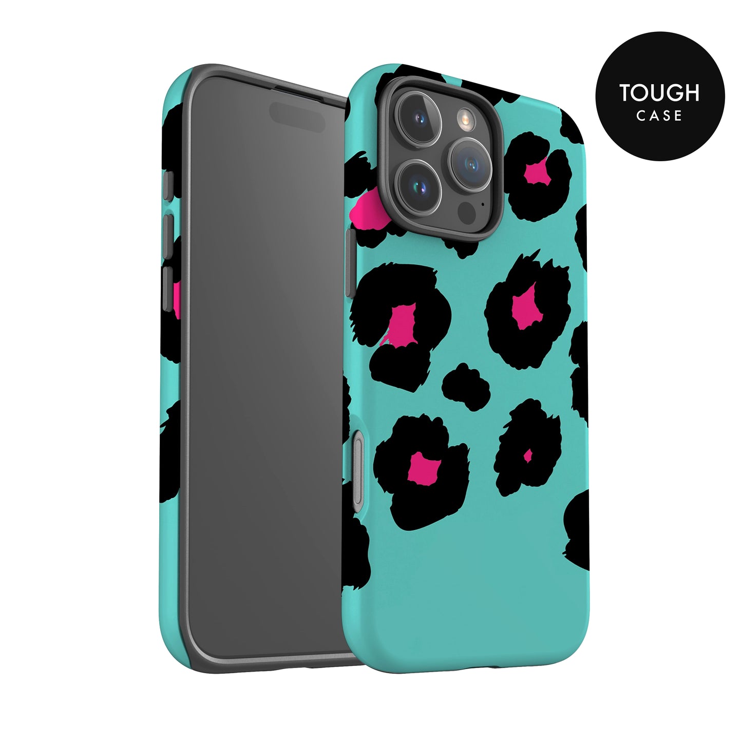 a turquoise phone case with a leopard print pattern.