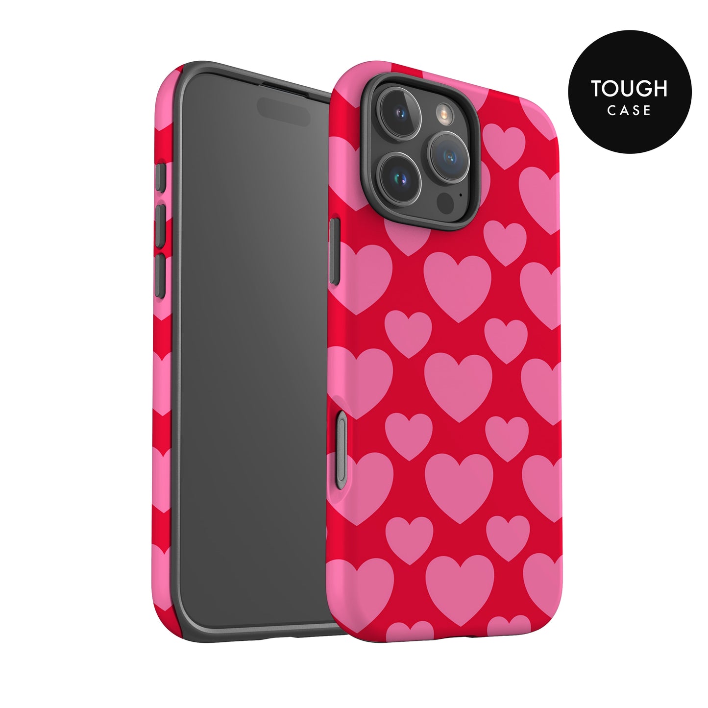a pink and red heart-patterned case for an iPhone, with the case facing the camera.