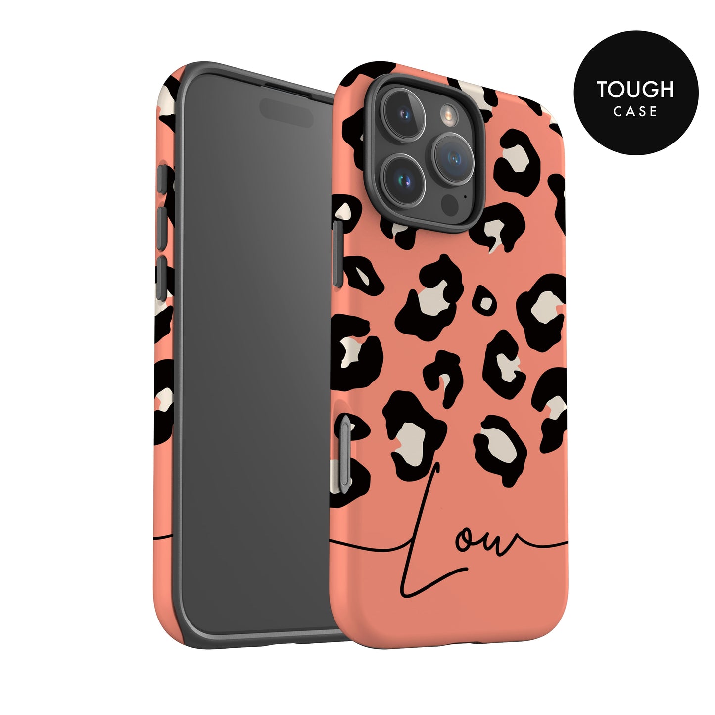 a pink and black leopard print case for an iPhone, with the word "Low" written on it.