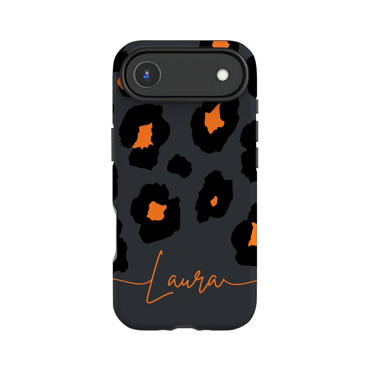 a phone case with a leopard print design and the name "Lauren" written in cursive on the bottom.
