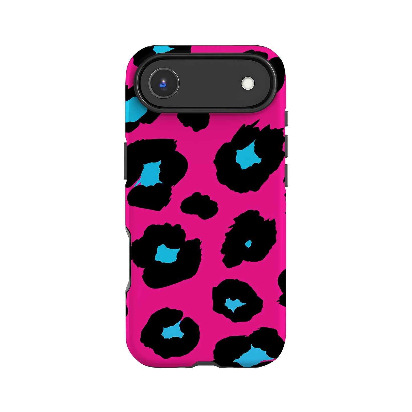 a phone case with a vibrant leopard print design in shades of pink and blue.