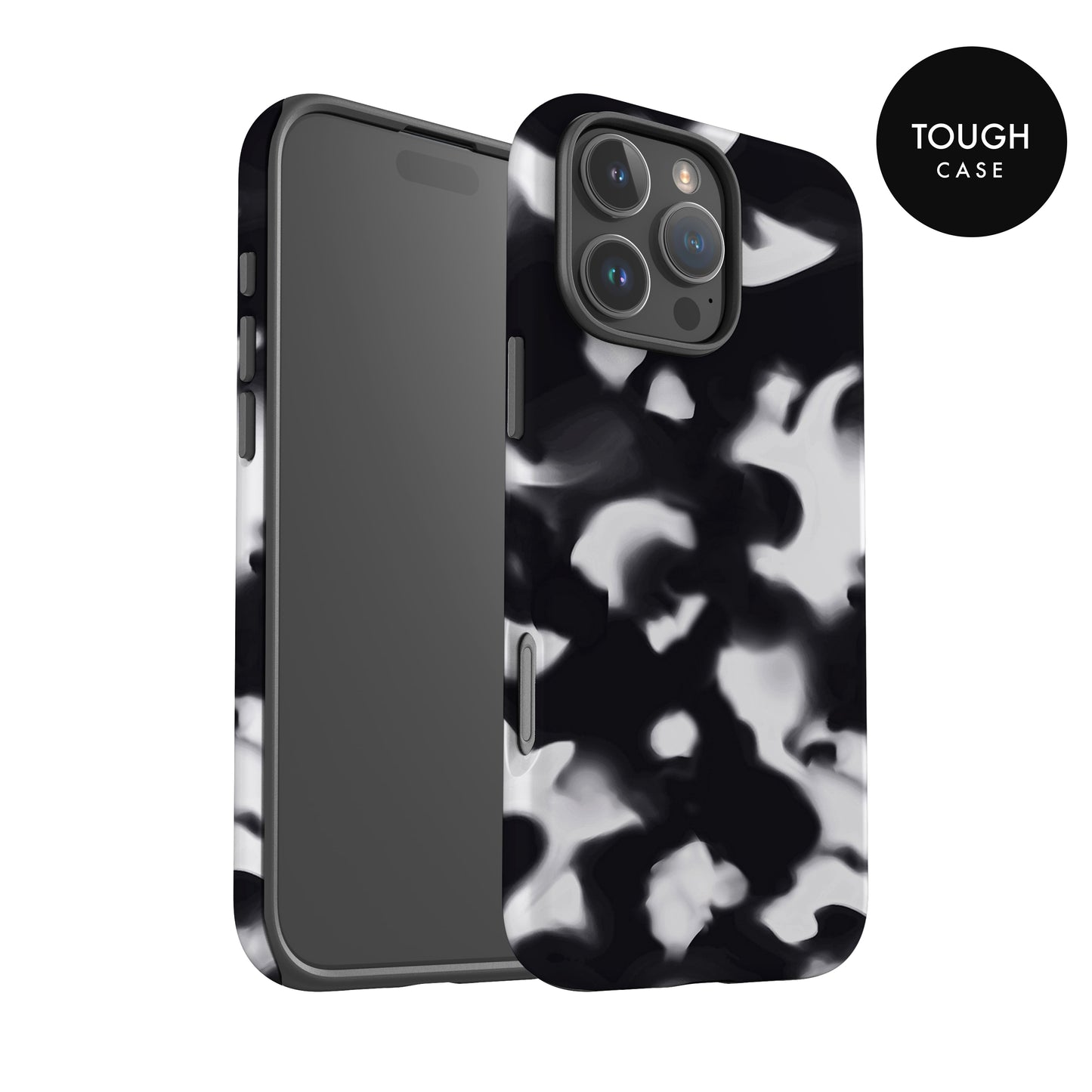 a black and white camouflage pattern on a phone case, which appears to be a rugged and durable design.