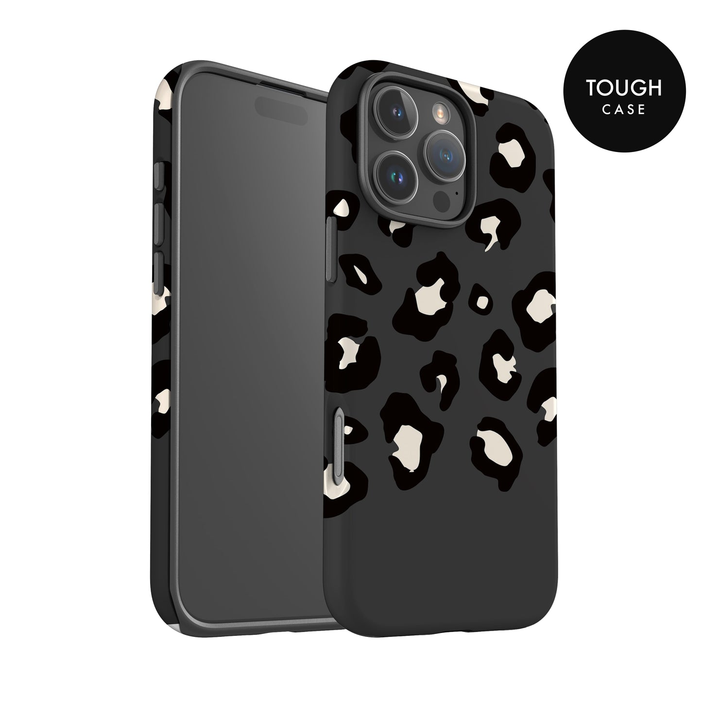 a black and white leopard print case for an iPhone, with the case design prominently displayed.