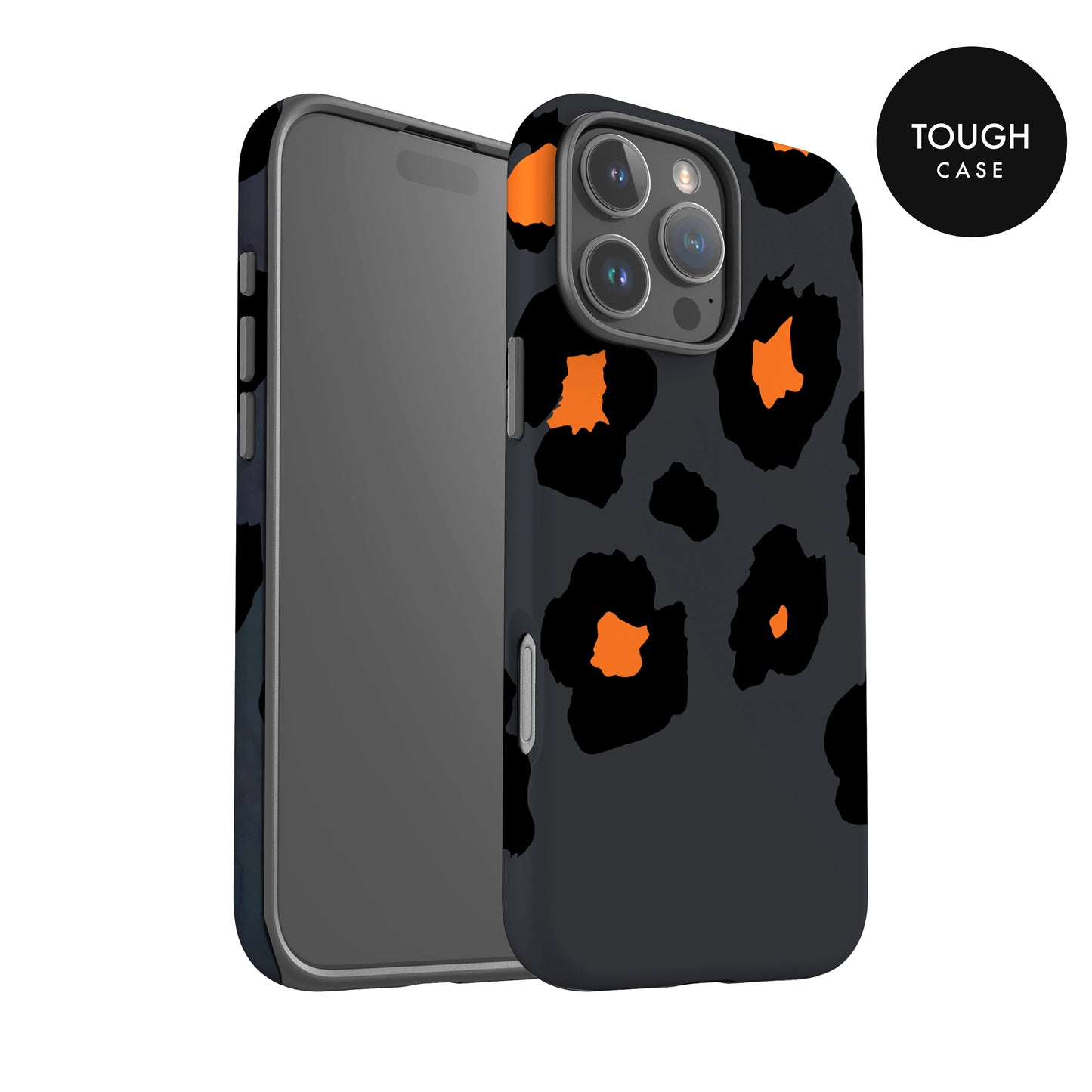 a black and orange leopard print case for an iPhone, with the case facing the camera.