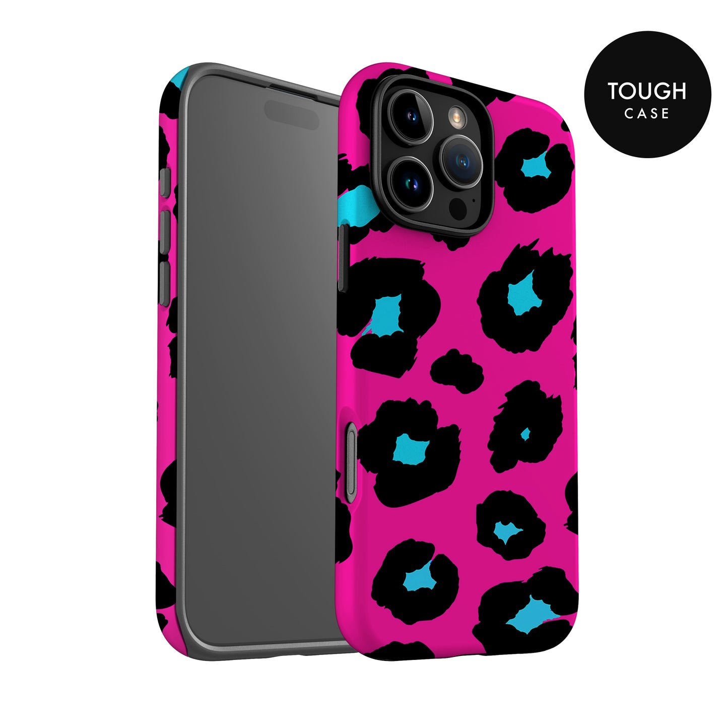 a pink and black leopard print case for an iPhone, with the case design being bold and eye-catching.