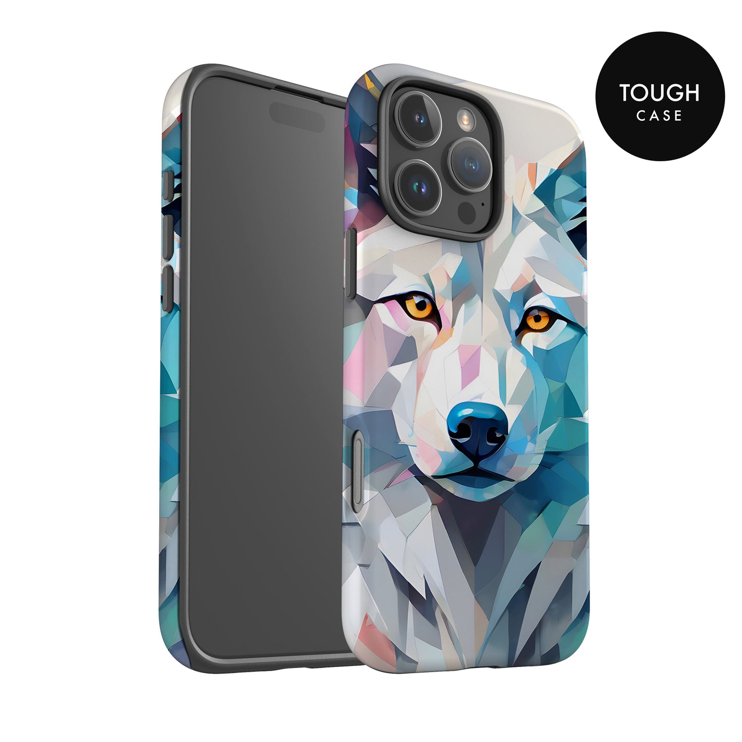 a phone case with a wolf's face design, including a close-up of the wolf's face and eyes.