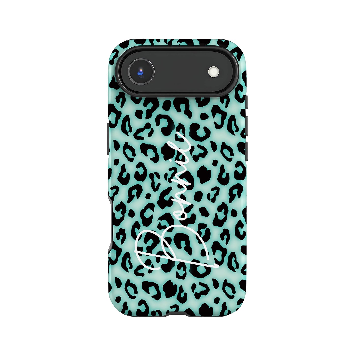 A turquoise and black leopard print case with a camera lens attached to the top.