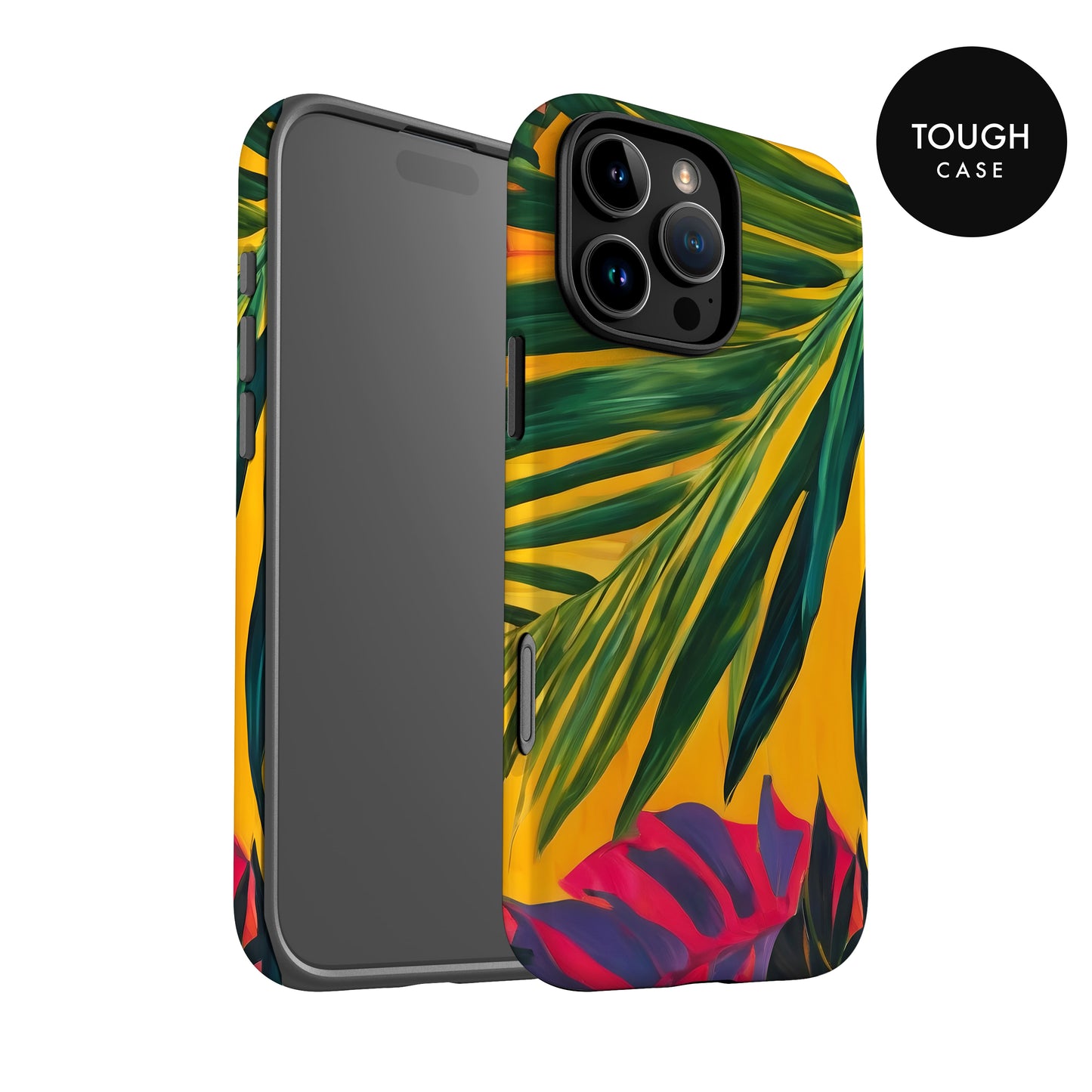a colorful phone case with a tropical leaf pattern, including green, yellow, and red colors.