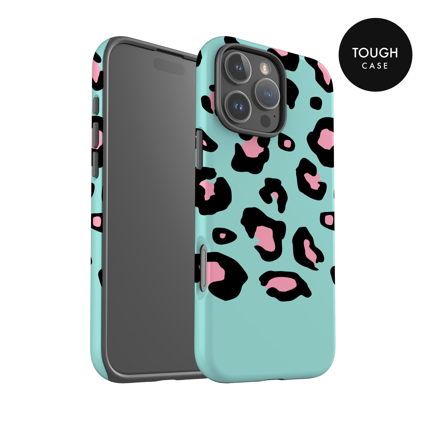 a turquoise phone case with a leopard print pattern.
