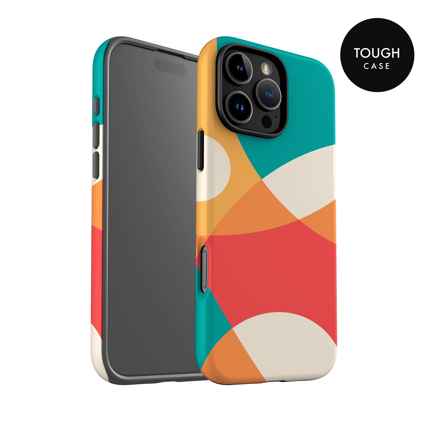 a colorful phone case with a geometric pattern in shades of orange, green, and white.