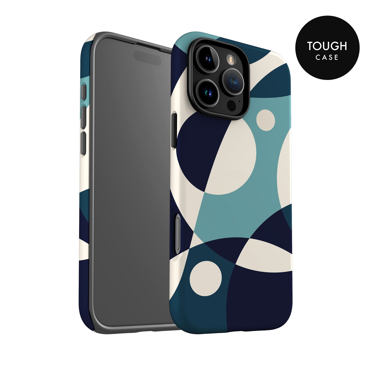 a phone case with a geometric pattern in shades of blue and white.