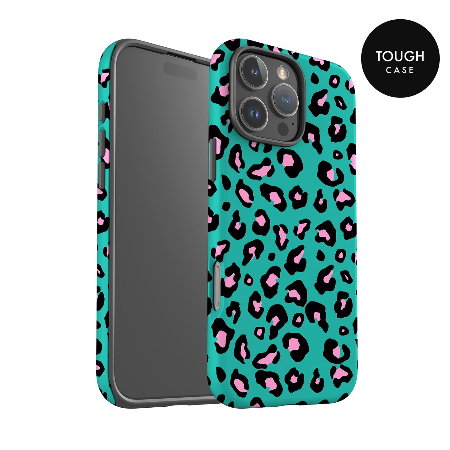 A turquoise and black leopard print case for an iPhone, with the case facing the camera.