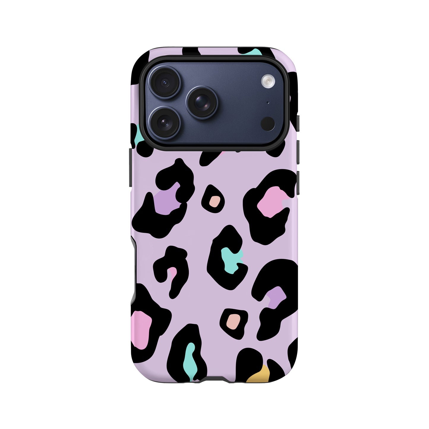 A phone case with a leopard print pattern in various colors, including pink, purple, and green.