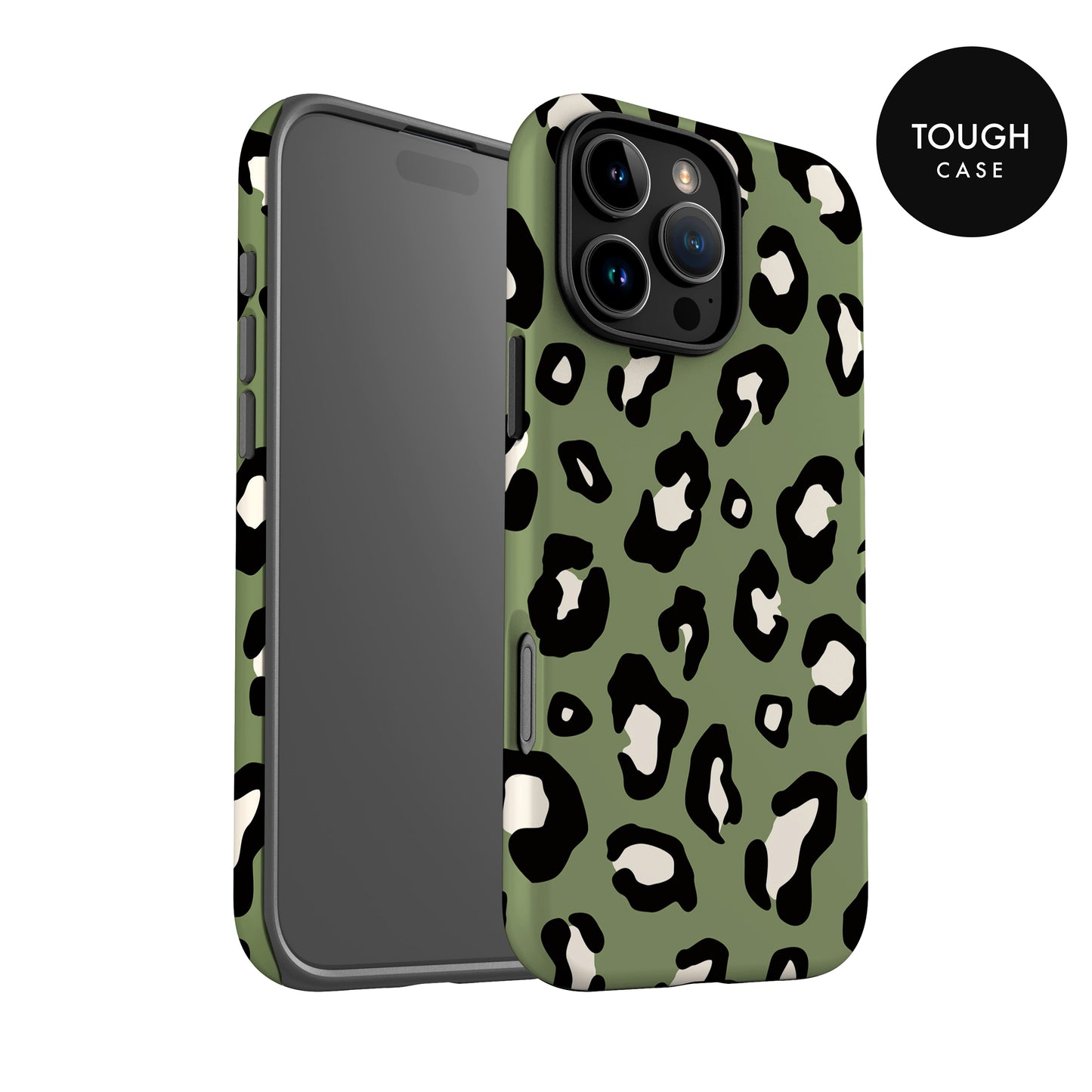 a green and black leopard print case for an iPhone, with the case facing the camera.