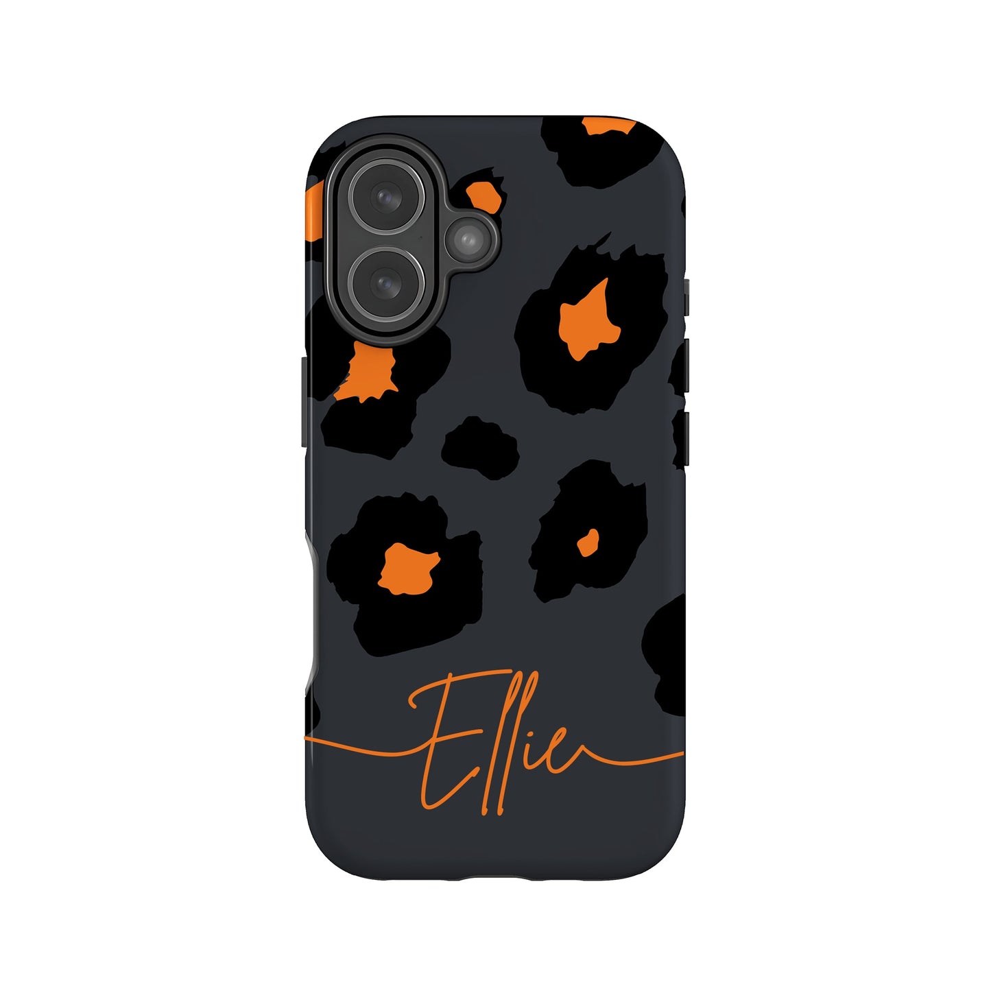 a phone case with a leopard print design and the name "Ellie" written in cursive on the bottom right corner.