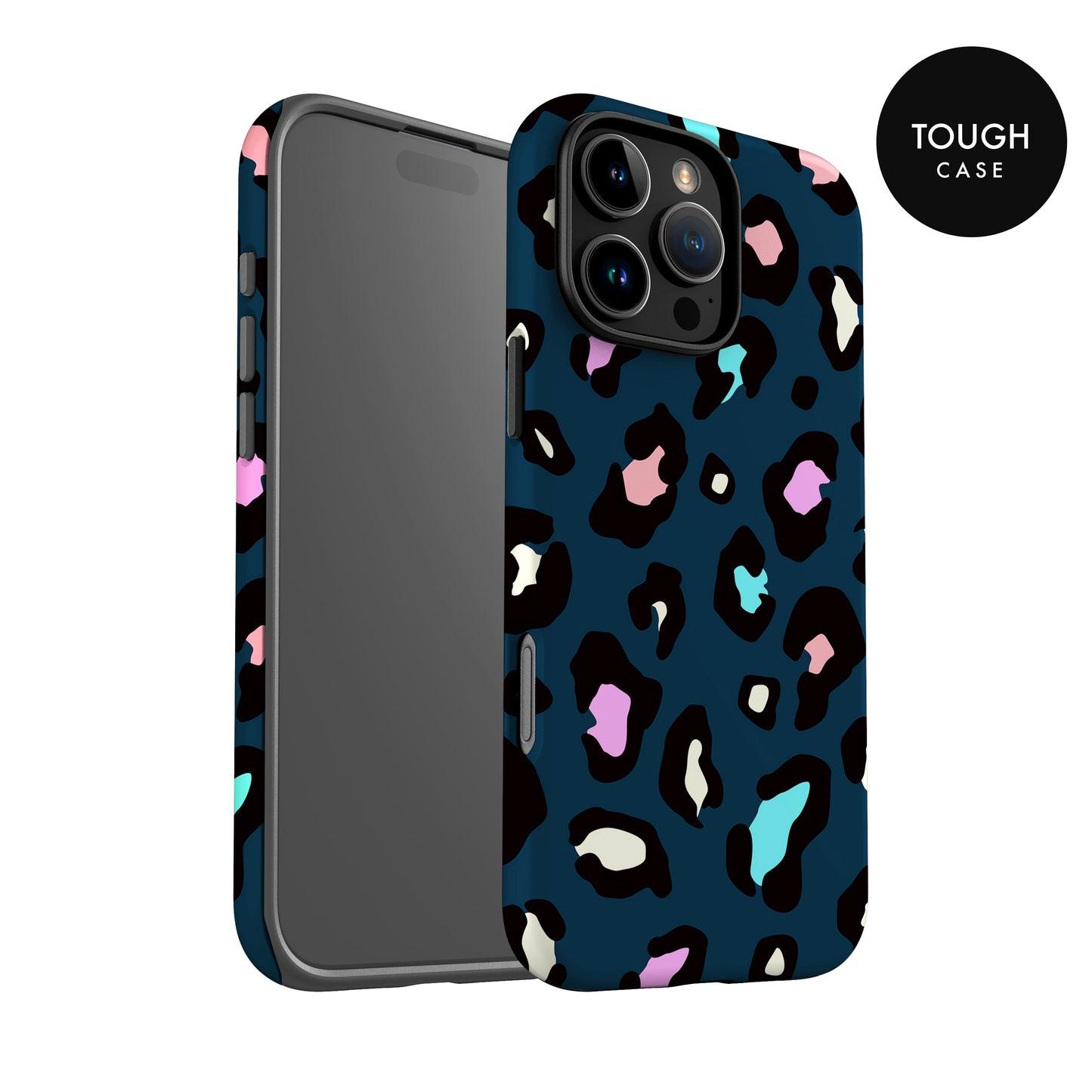 a phone case with a leopard print pattern in shades of blue, pink, and black. The case appears to be made of a durable material, suitable for protecting the phone.
