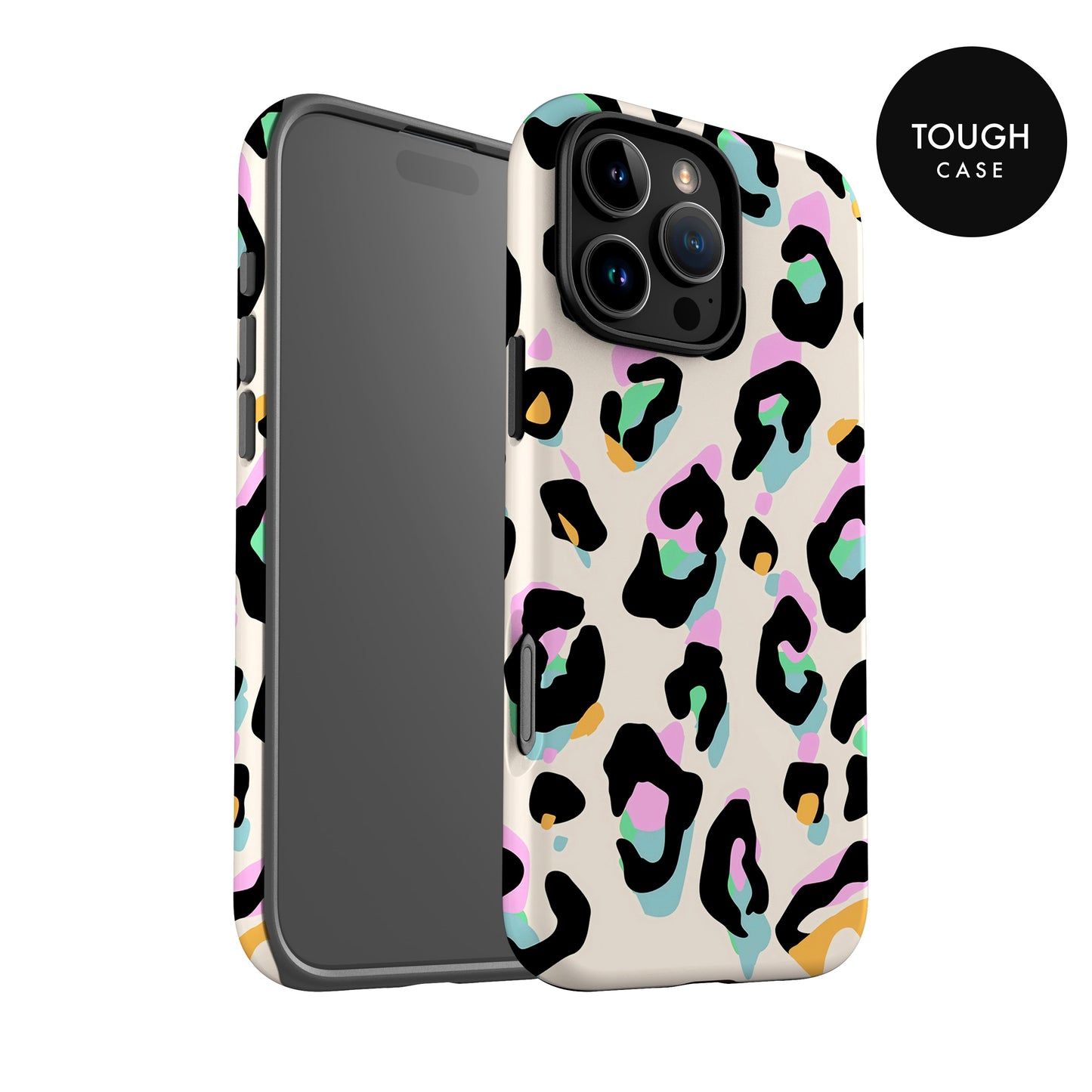 a colorful leopard print case for an iPhone, with a black and white background.