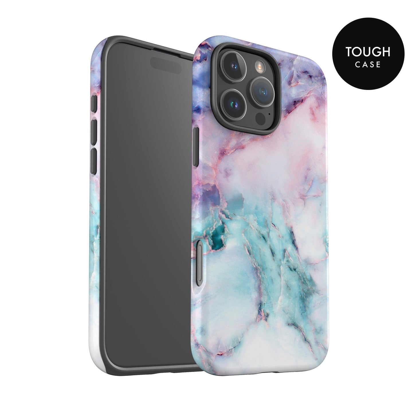 a colorful, marble-style case for an iPhone, with a mix of pink, blue, and purple colors. The case appears to be made of a durable material, suitable for protecting the phone.