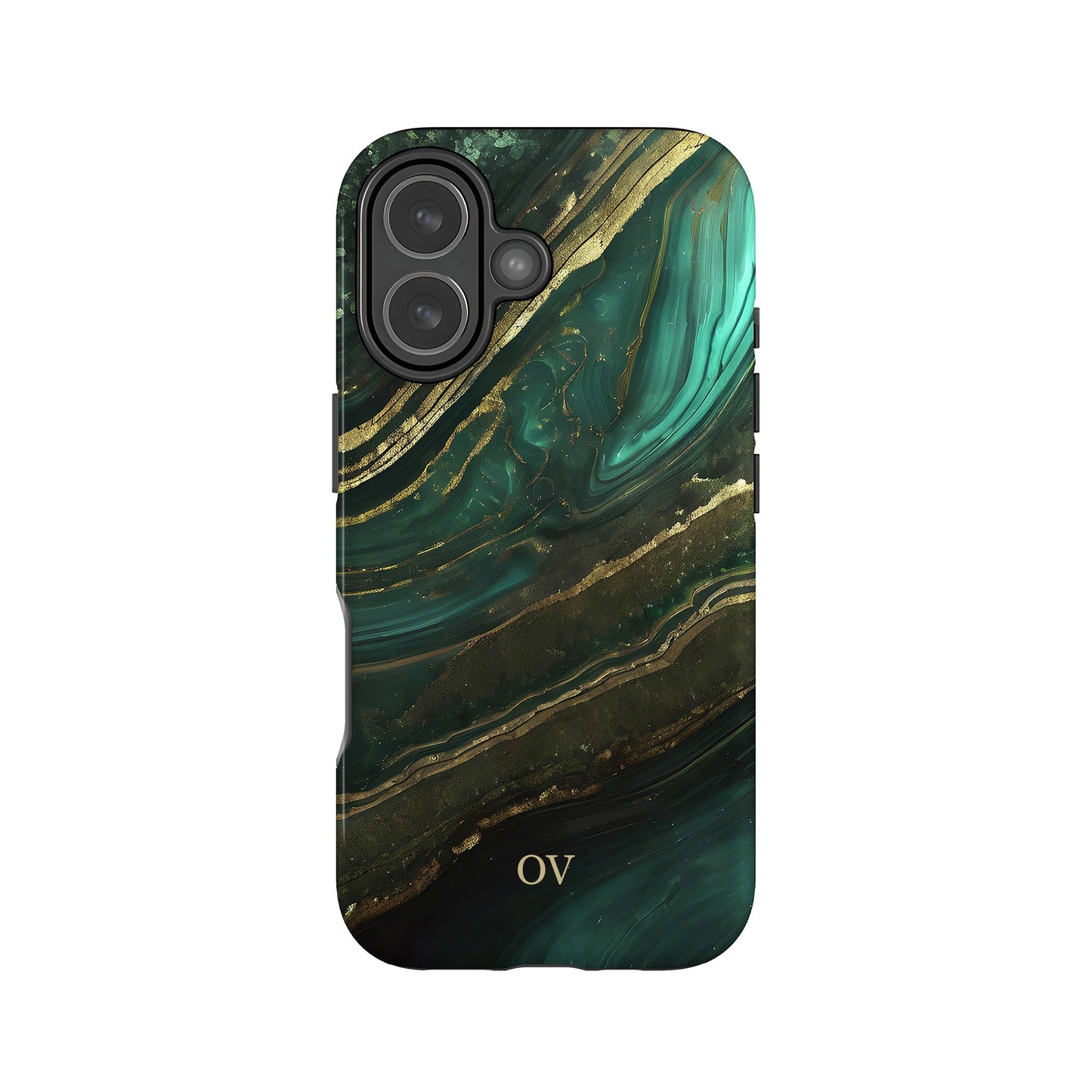 a phone case with a marble-like design in shades of green and gold.