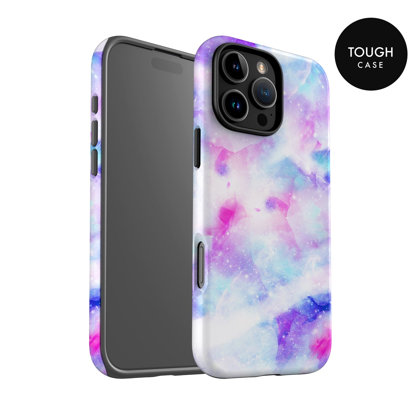 a colorful, abstract, and vibrant phone case with a purple and blue galaxy-like pattern.