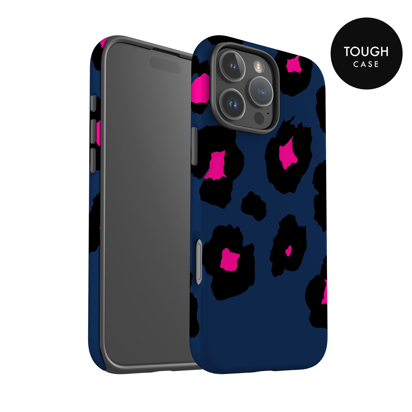 a phone case with a leopard print design in shades of blue and pink.