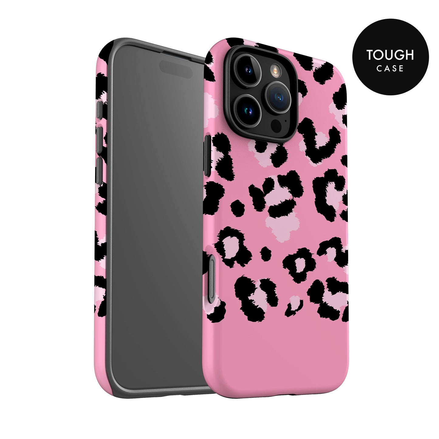 a pink phone case with a leopard print pattern.