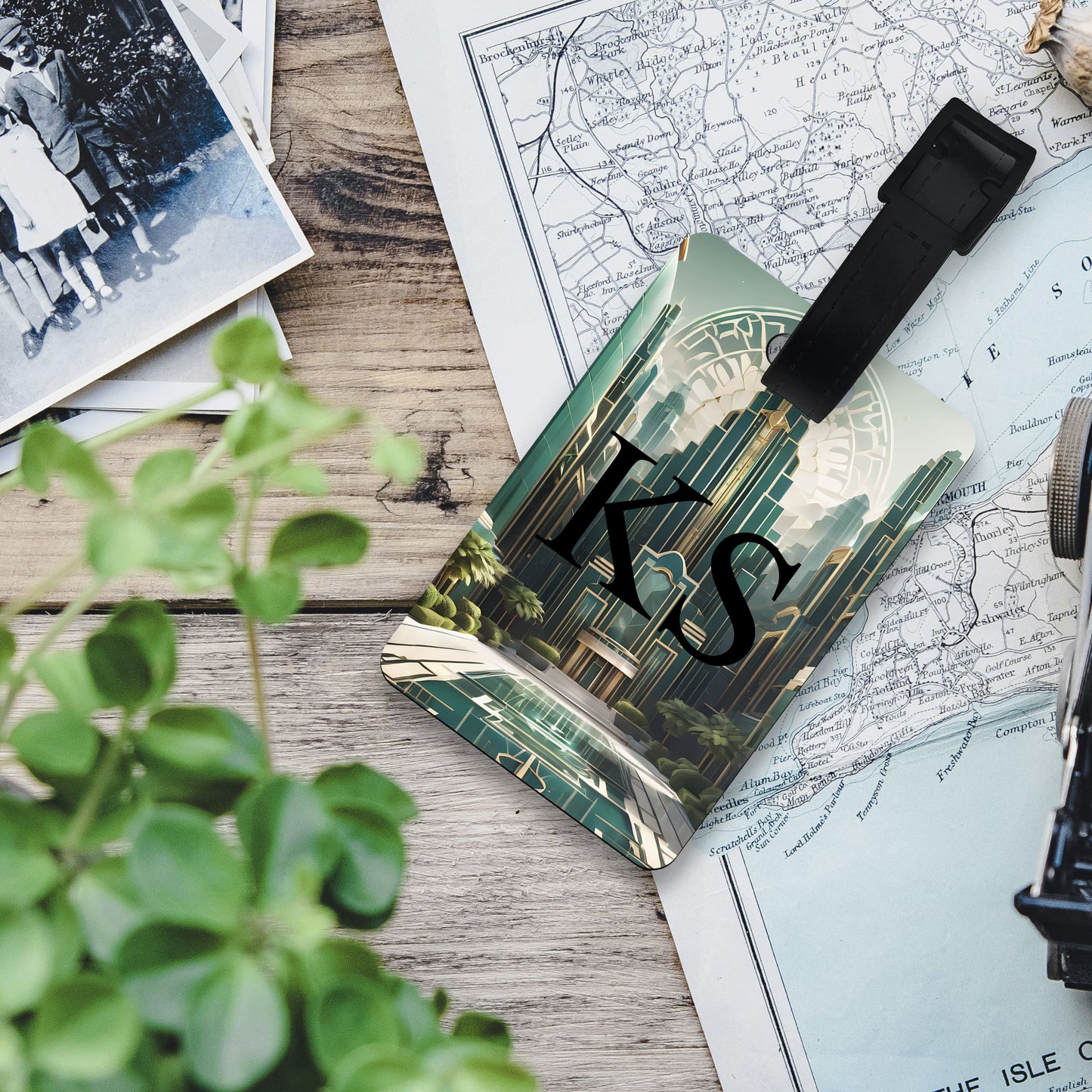Green Art Deco Personalised Luggage Tag  luggage tag