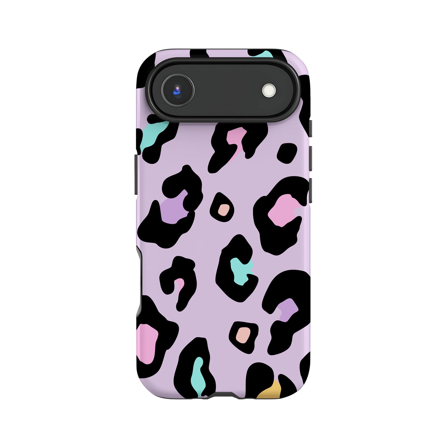 a phone case with a leopard print pattern in various colors, including pink, blue, and green.