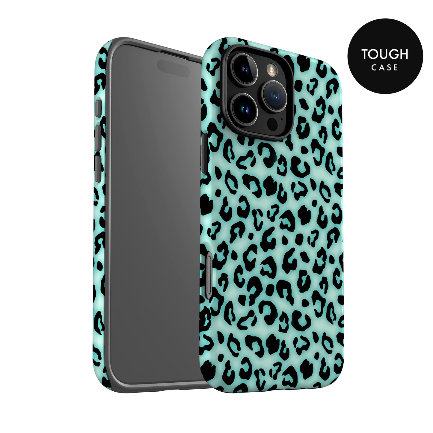 a phone case with a leopard print pattern in shades of blue and black.