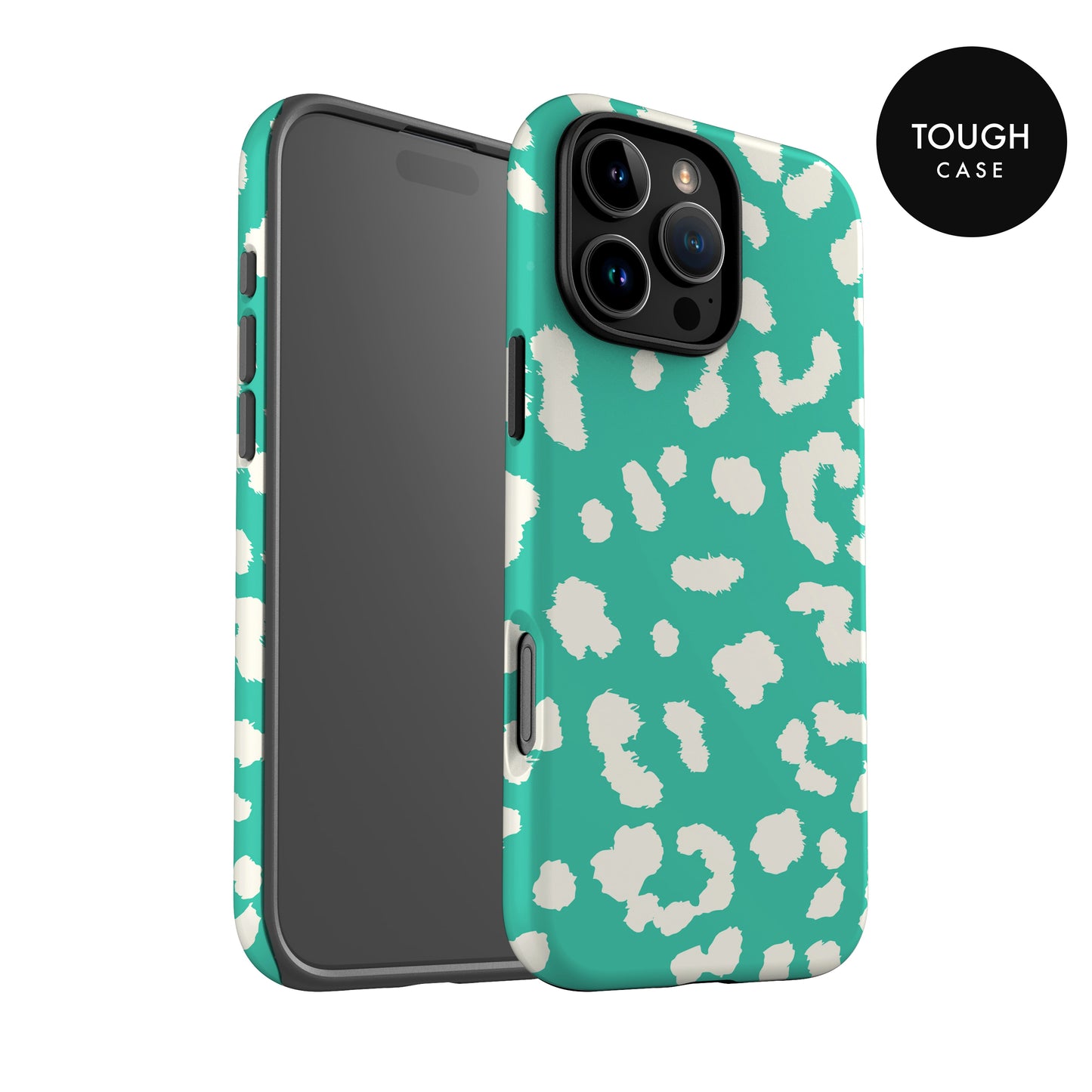 a turquoise and white leopard print phone case with a black camera lens.