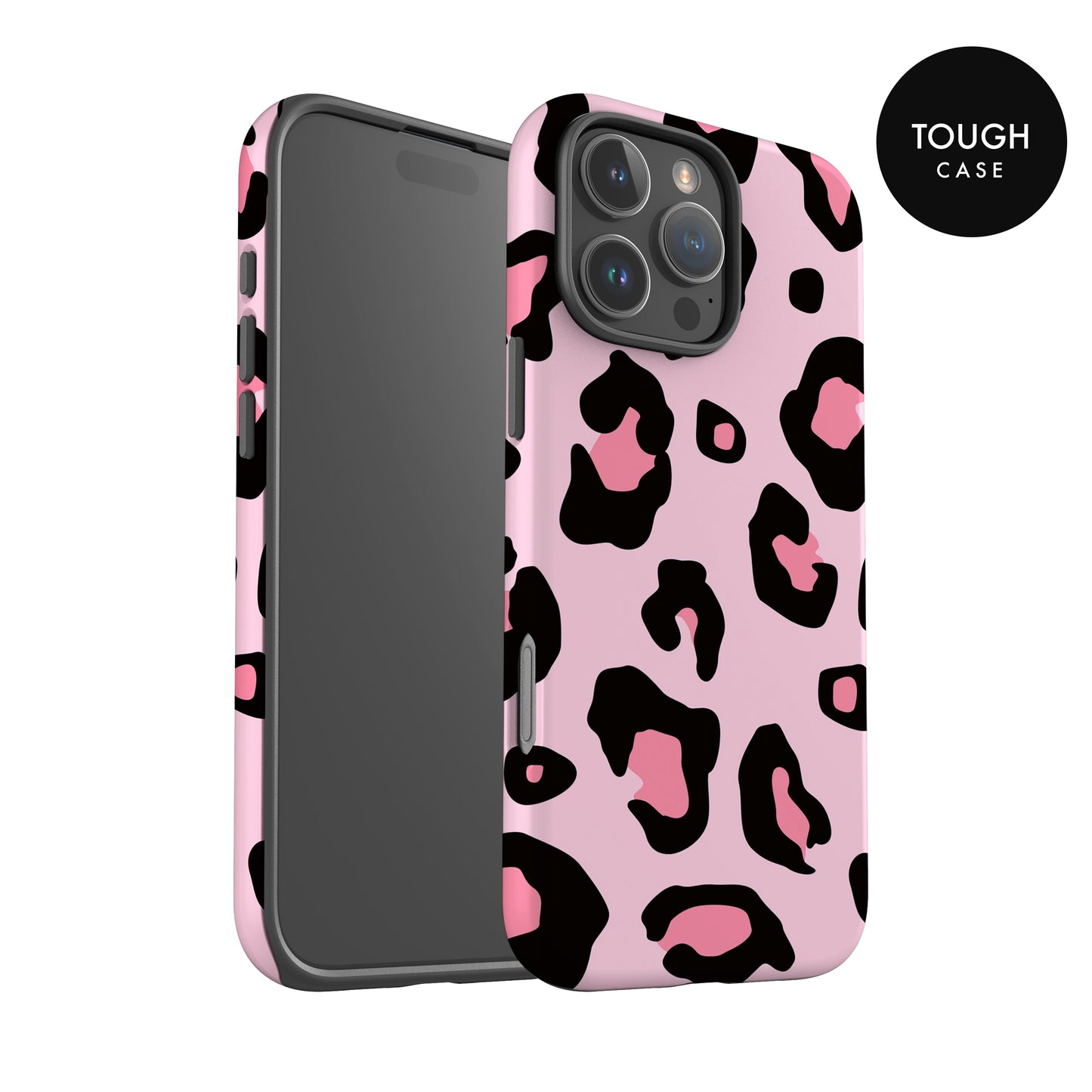 a pink and black leopard print case for an iPhone.