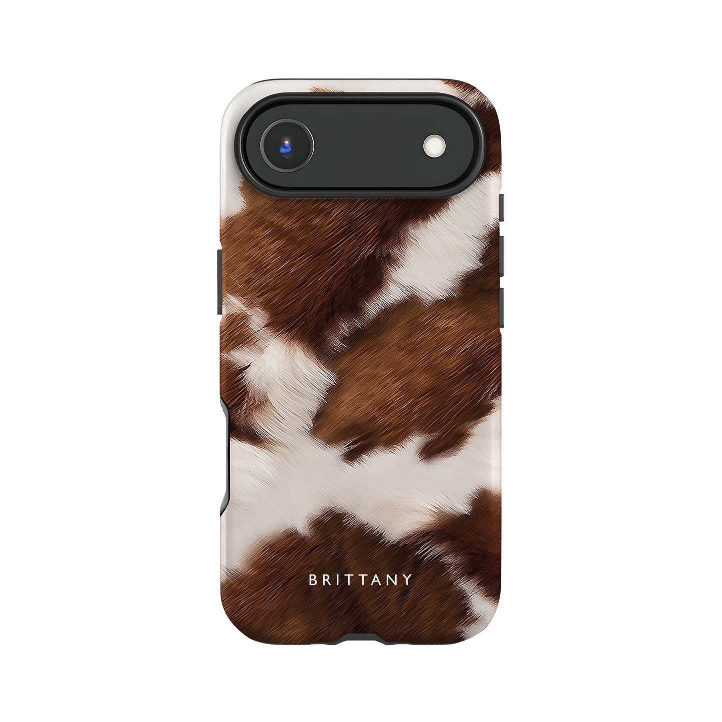 a phone case with a cow pattern, including brown and white fur.
