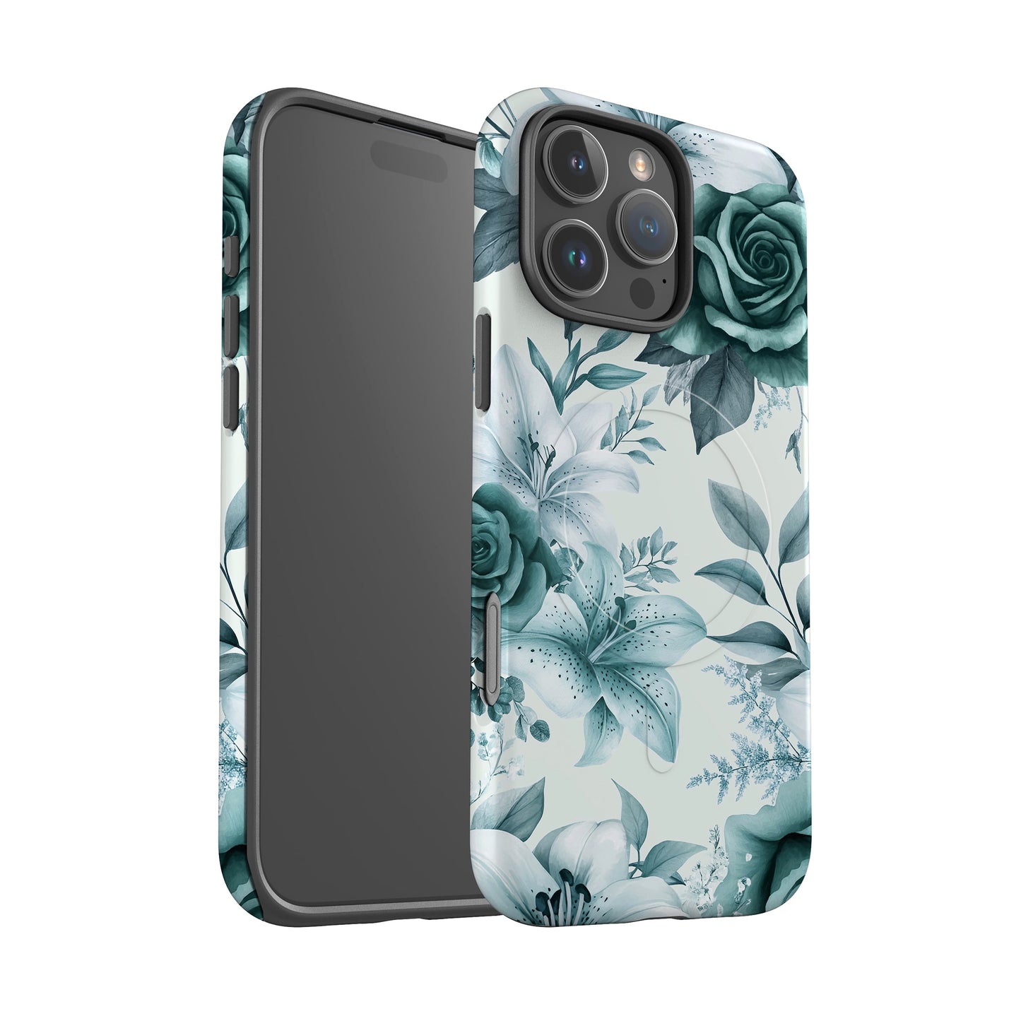 Teal Blue Floral Magsafe iPhone Case