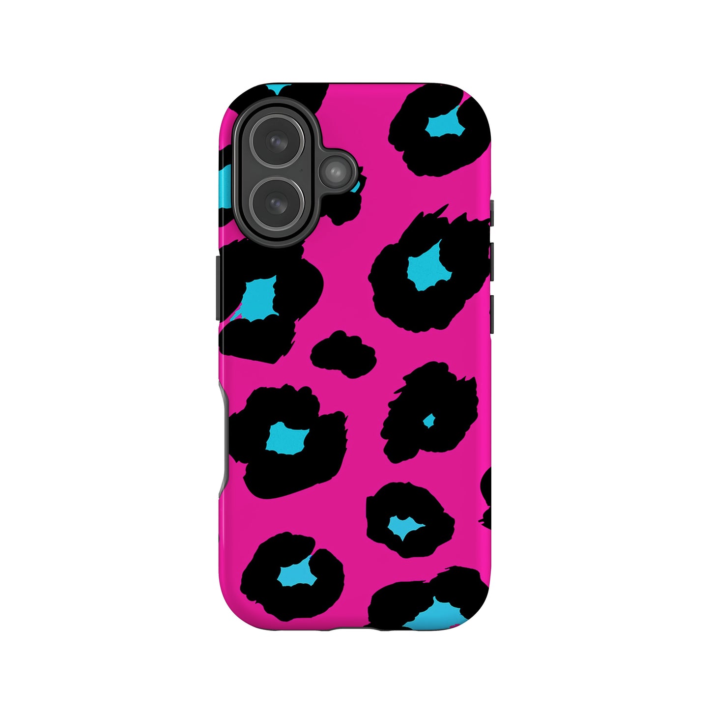 a phone case with a vibrant leopard print design in shades of pink and blue.