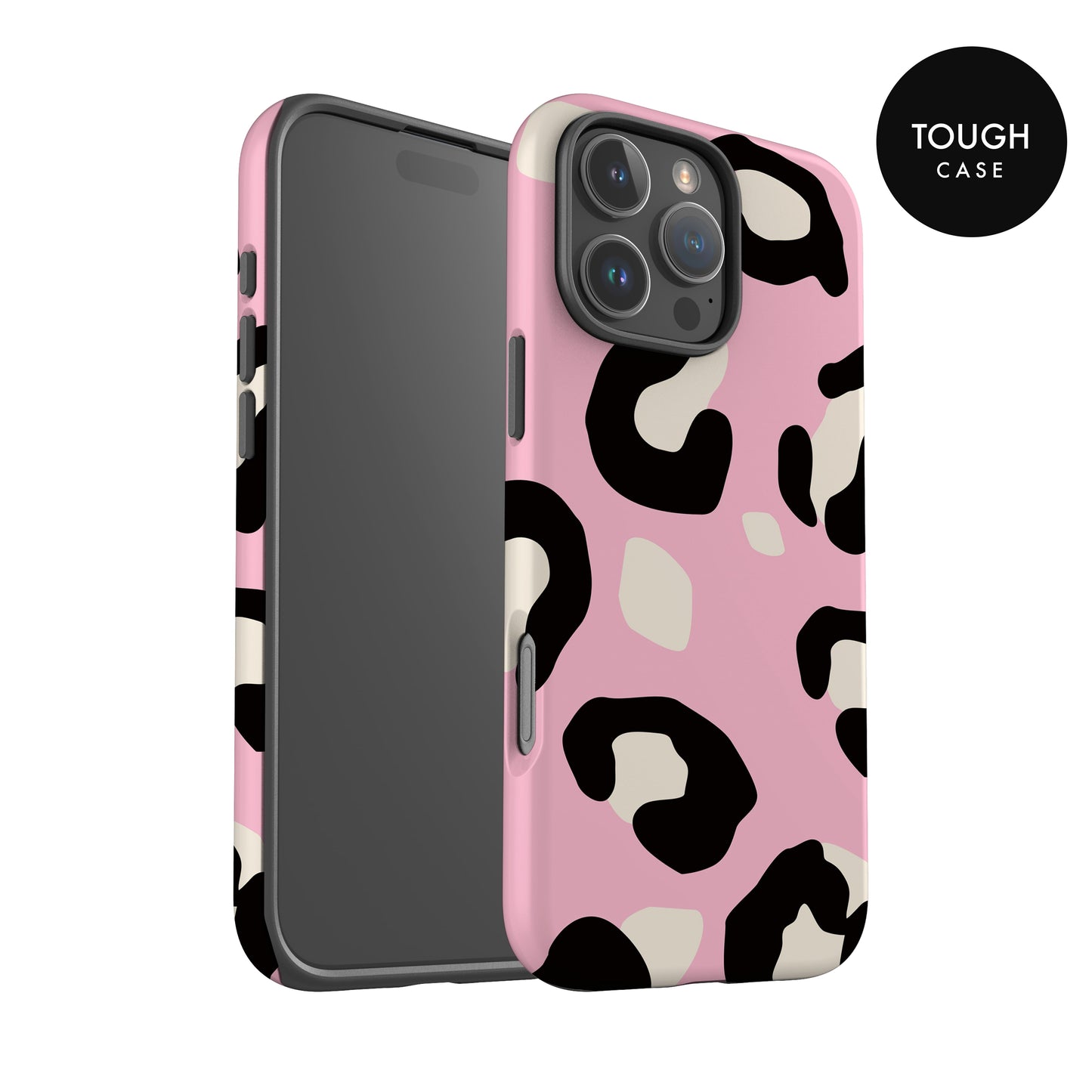 a pink and black leopard print case for an iPhone, with the case design being described as "tough" and "case".