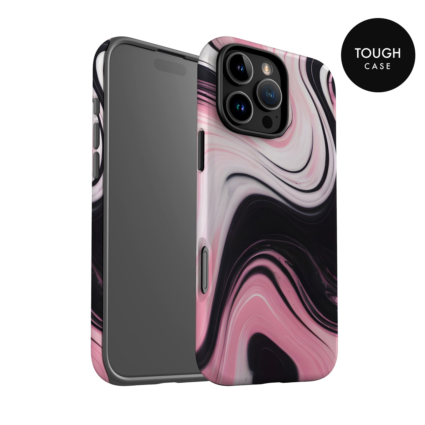 a smartphone case with a pink and black marble-like design.