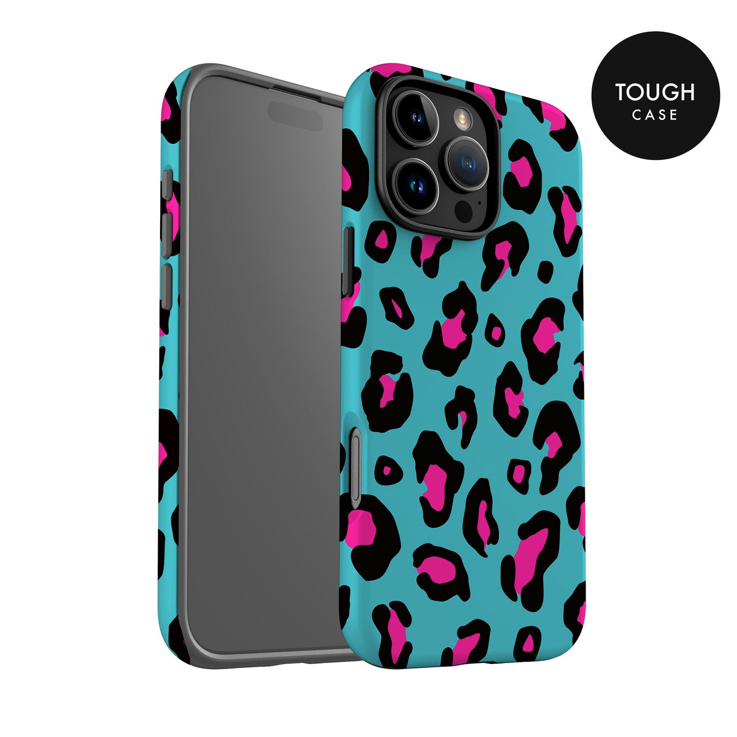 a phone case with a leopard print design in shades of blue and pink.
