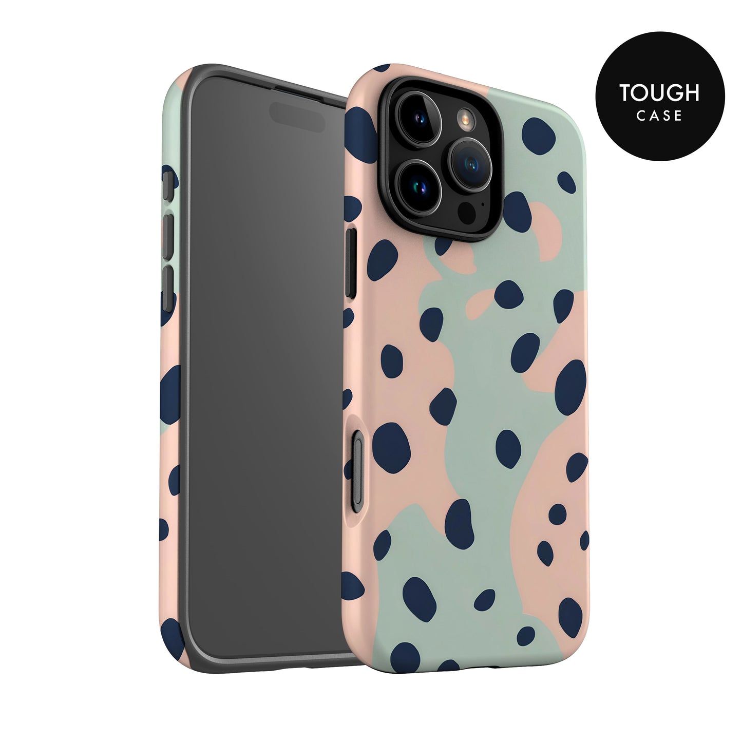 a phone case with a polka dot pattern in shades of pink and blue.