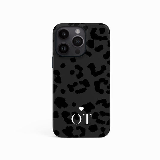 Dark Grey Leopard Print Initials Phone Case iPhone 15 Phone Case