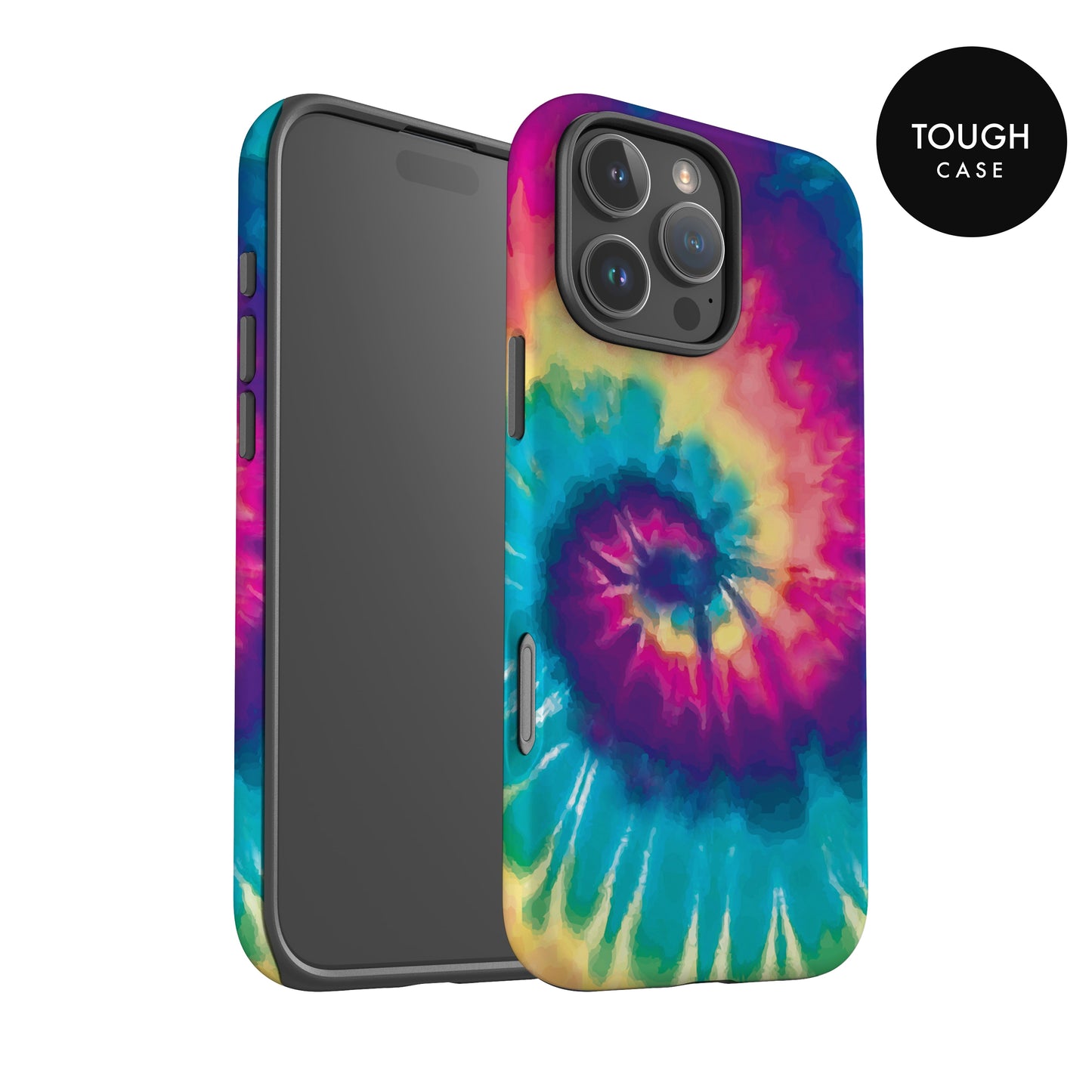 a colorful tie-dye pattern on a phone case, with a black background.