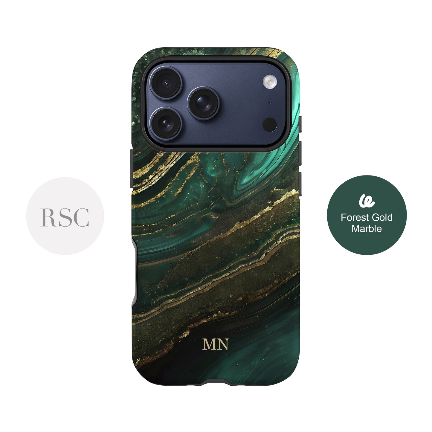 a green marble-like design with gold stripes, and it is a smartphone case with a marble pattern.